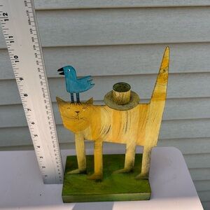 ACME Animal Canada Cat With 1 Birds Taper Candle Holder Handcrafted  Signed